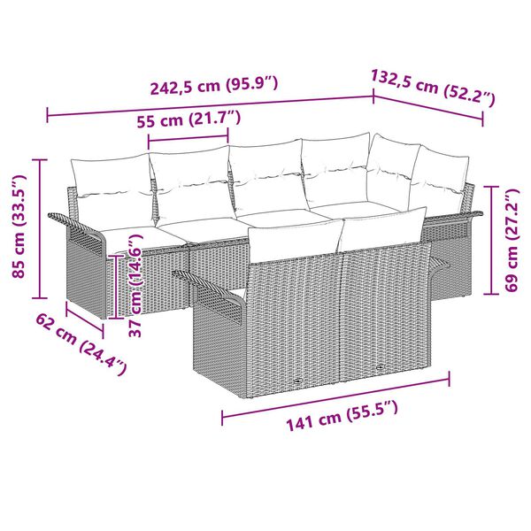 vidaXL Σετ Καναπέ Κήπου με μαξιλάρι 7 pcs Καφέ Πολυ ράταν