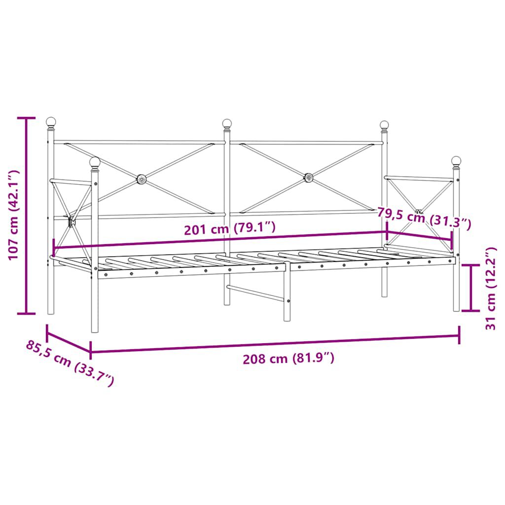 vidaXL Κρεβάτι ημέρας χωρίς στρώμα Μαύρο 80x200 cm Ατσάλι