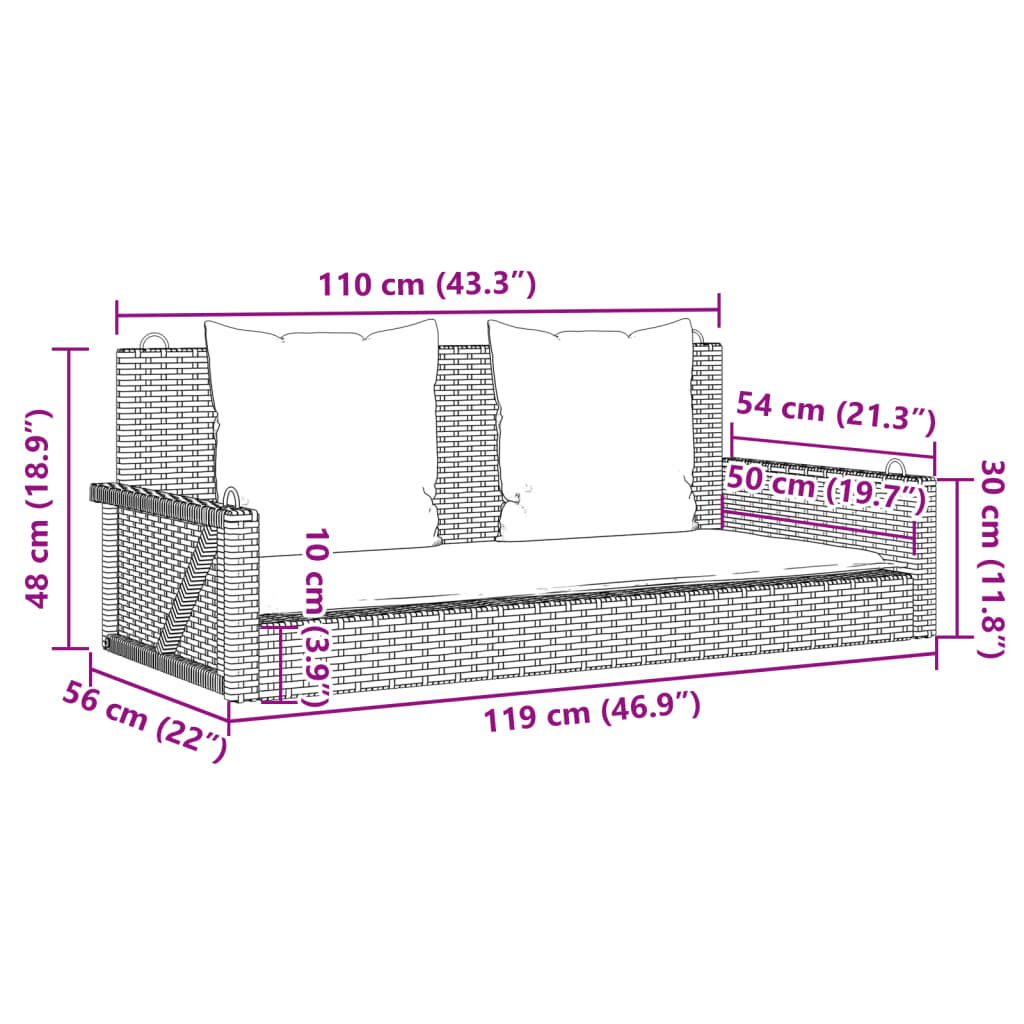 vidaXL Παγκάκι Κούνια Μαύρο 119x56x48 εκ. Συνθετικό Ρατάν με Μαξιλάρια