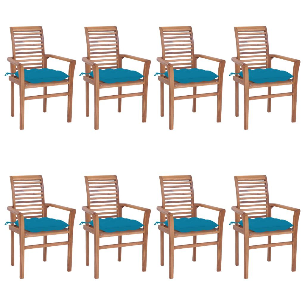 vidaXL Καρέκλες Τραπεζαρίας 8 τεμ. Μασίφ Ξύλο Teak & Γαλάζια Μαξιλάρια