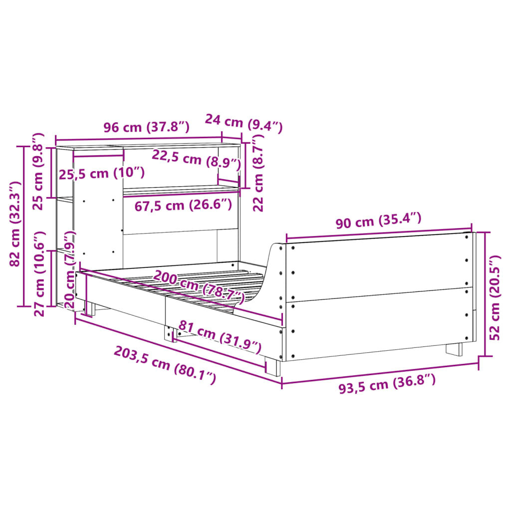 vidaXL Σκελετός Κρεβατιού Χωρίς Στρώμα 90x200 εκ Μασίφ Ξύλο Πεύκου