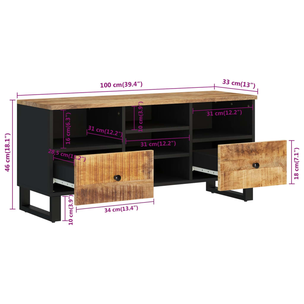 vidaXL Έπιπλο Τηλεόρασης 100x33x46 εκ. Μασίφ Ξύλο Μάνγκο & Επεξ. Ξύλο