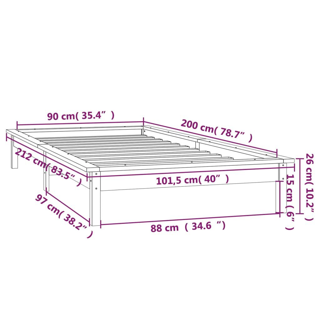 vidaXL Πλαίσιο Κρεβατιού με LED Μαύρο 90 x 200 εκ. από Μασίφ Ξύλο