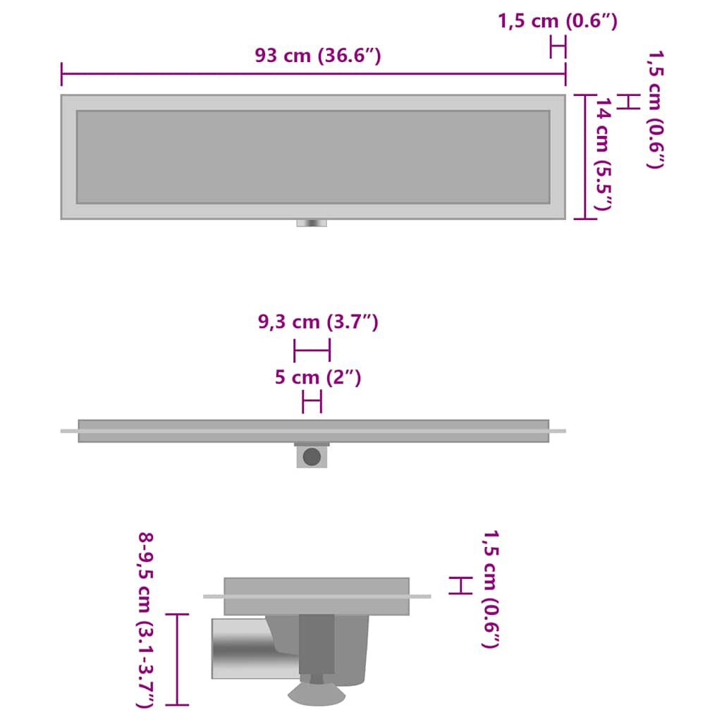 vidaXL Σιφόνι Ντουζιέρας με Κάλυμμα 2 σε 1 93x14 εκ. Ανοξείδωτο Ατσάλι