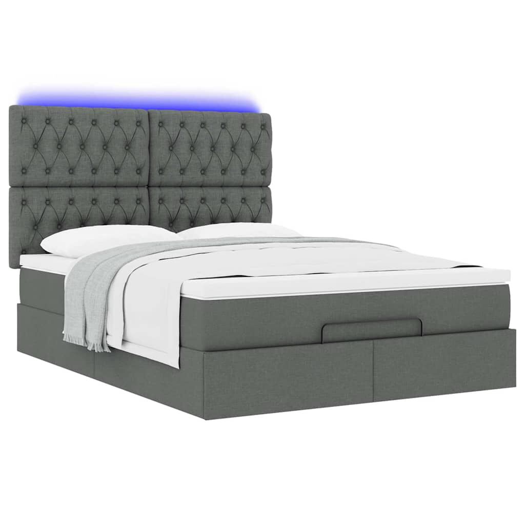 vidaXL Οθωμανικό κρεβάτι με στρώμα & LEDs Σκούρο γκρι 140x200cm Ύφασμα