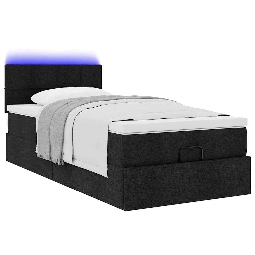 vidaXL Οθωμανικό κρεβάτι με στρώμα & LEDs Μαύρο 100x200 cm Ύφασμα