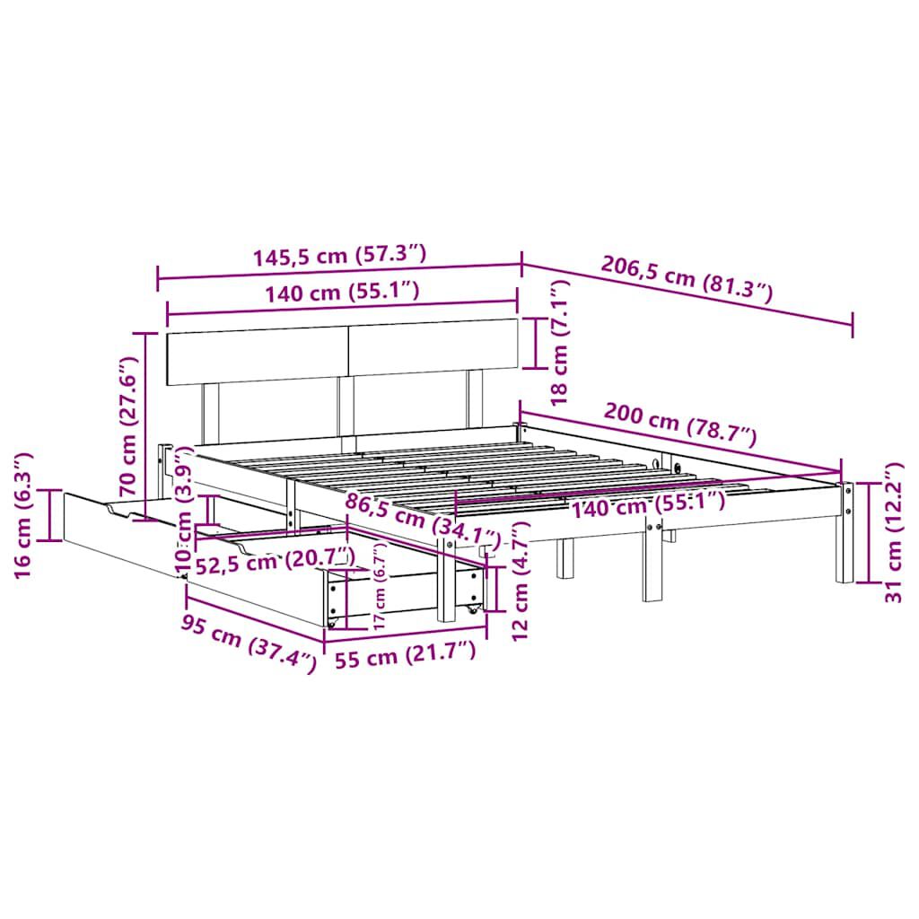 vidaXL Σκελετός Κρεβατιού Χωρίς Στρώμα 140x200 εκ Μασίφ Ξύλο Πεύκου