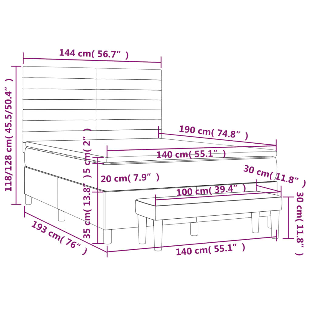vidaXL Κρεβάτι Boxspring με Στρώμα Μαύρο 140x190 εκ. Υφασμάτινο