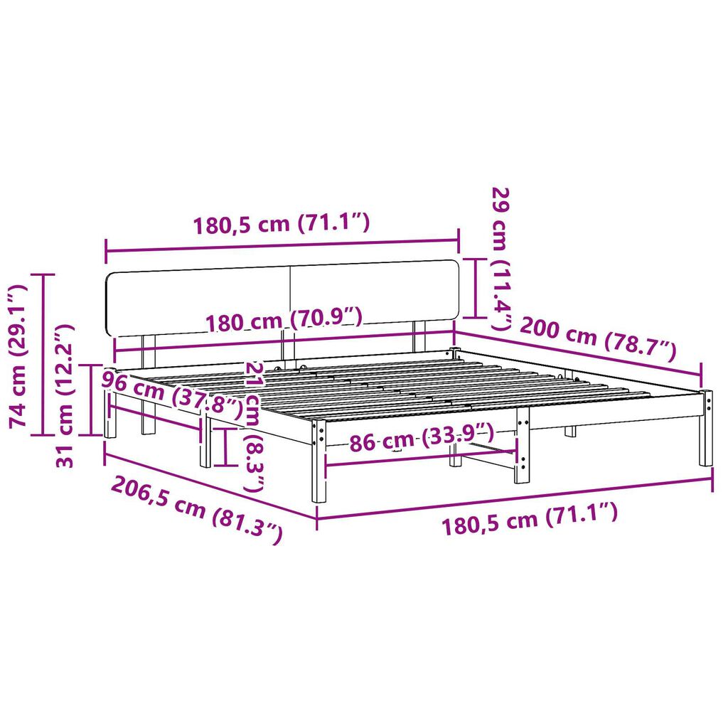 vidaXL Κρεβάτι με Κεφαλάρι Λευκό 180 x 200 εκ από μασίφ ξύλο πεύκου