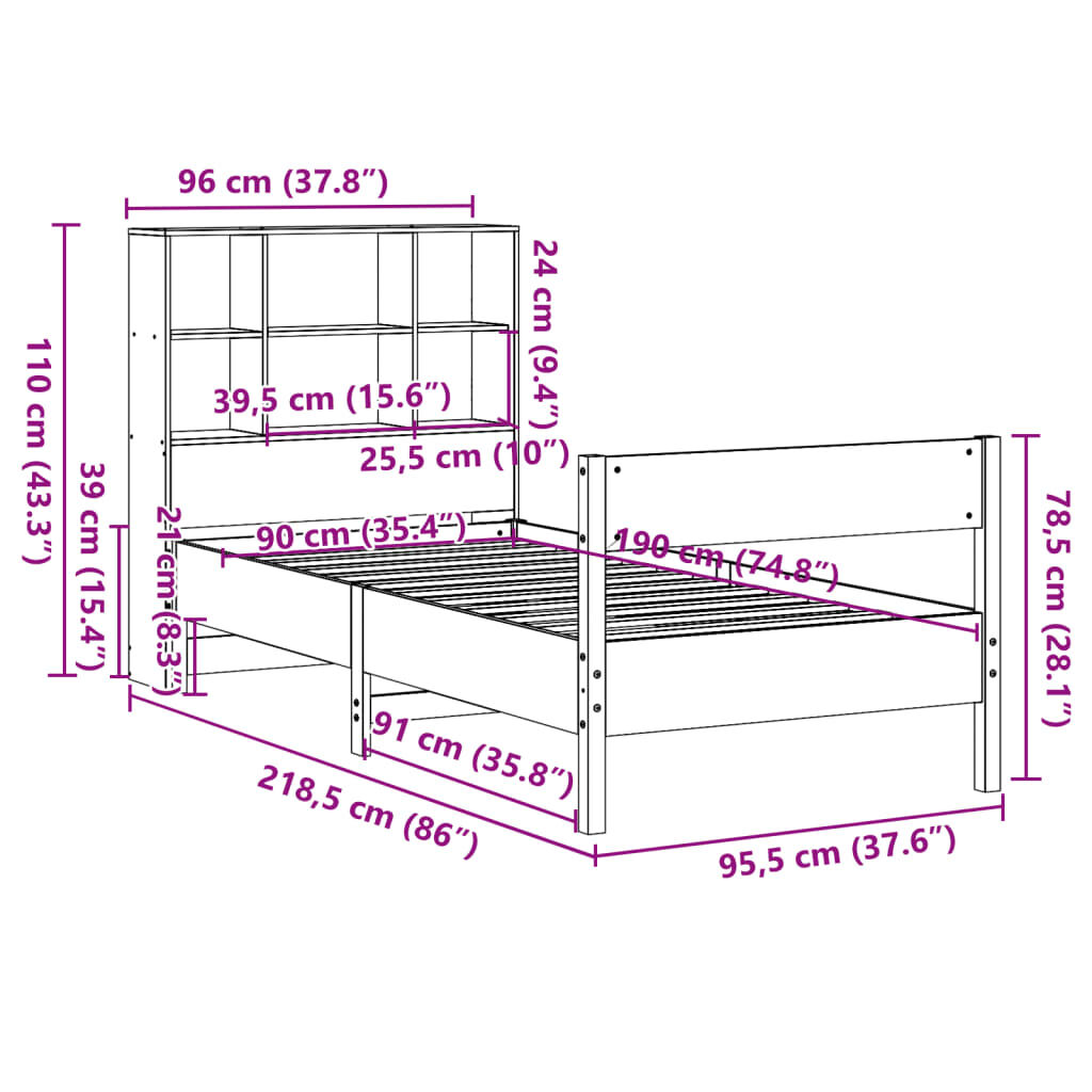 vidaXL Κρεβάτι Βιβλιοθήκη Χωρίς Στρώμα 90x190 εκ Μασίφ Ξύλο Πεύκου