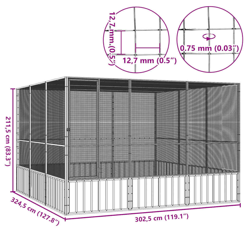 vidaXL Κλουβί Πουλιών Γκρι 302,5x324,5x211,5 εκ Γαλβανισμένο Χάλυβα