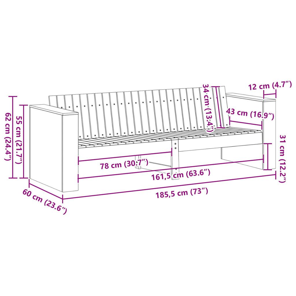 vidaXL Καναπές Κήπου 3-θέσεων 185.5x60x62 εκ. από εμποτισμένο ξύλο πεύκου