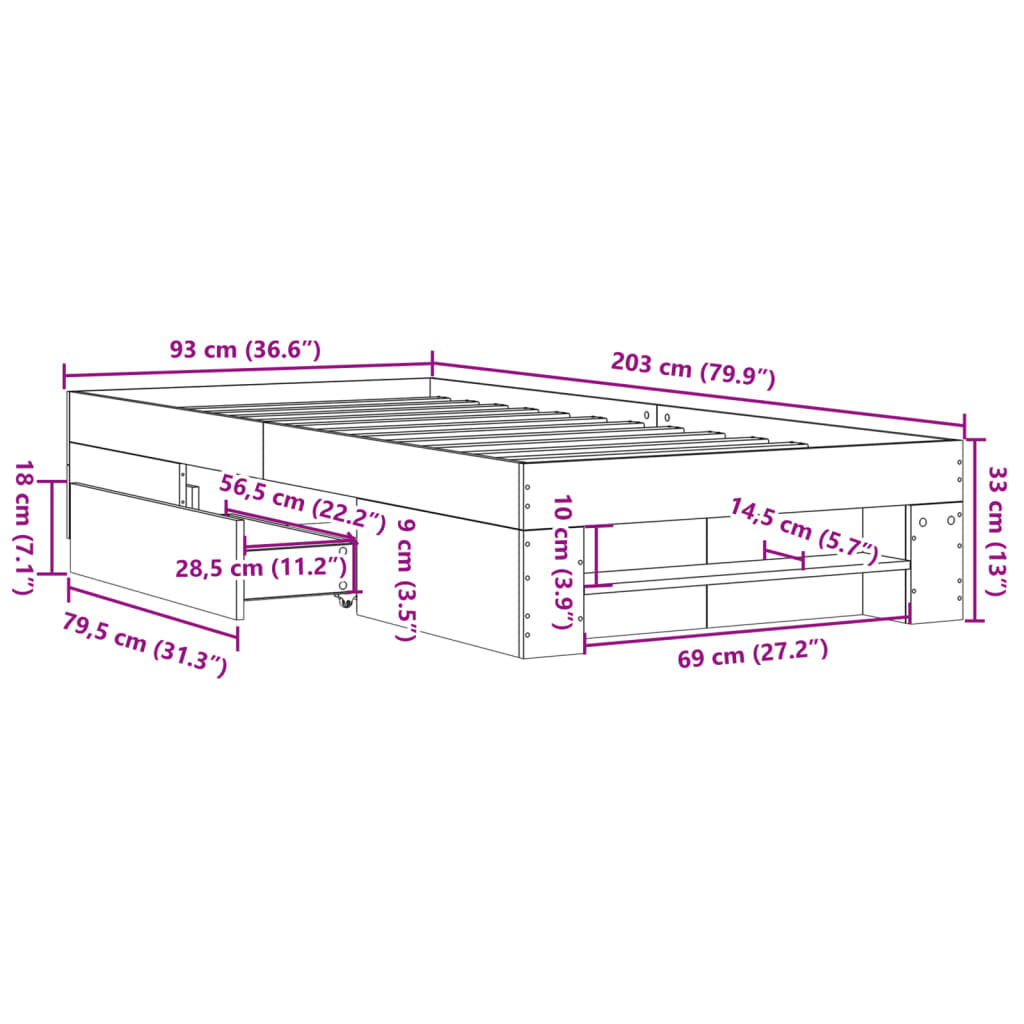 vidaXL Πλαίσιο Κρεβατιού Γκρι Σκυροδέματος 90x200 εκ. Επεξεργ. Ξύλο