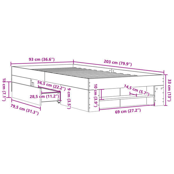 vidaXL Πλαίσιο Κρεβατιού Γκρι Σκυροδέματος 90x200 εκ. Επεξεργ. Ξύλο