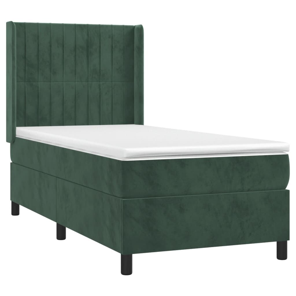 vidaXL Κρεβάτι Boxspring με Στρώμα & LED Σκ. Πράσινο 100x200εκ Βελούδο