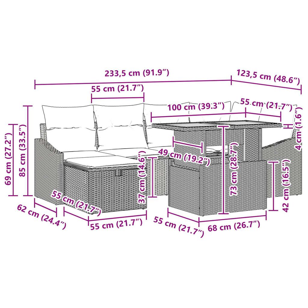 vidaXL Σετ Καναπέ Κήπου 7 pcs Γκρι συνθετικό ρατάν