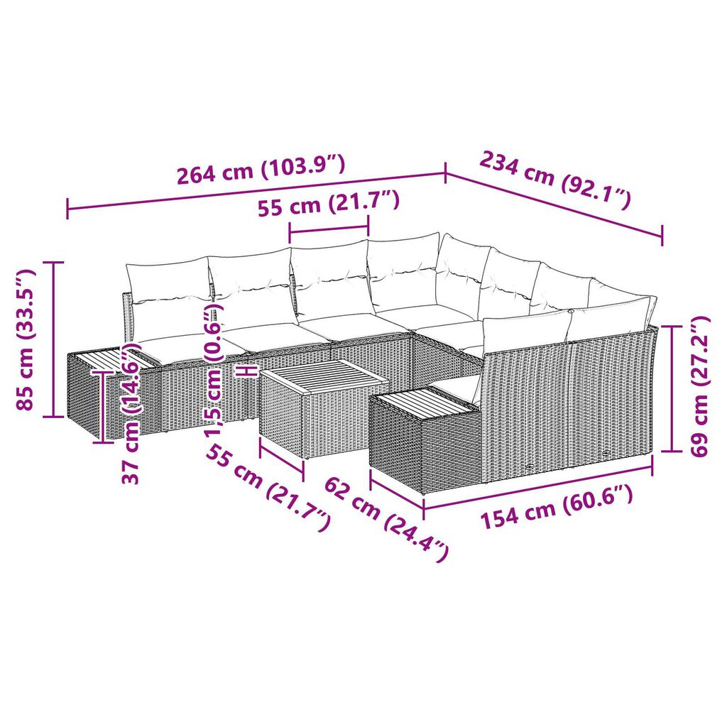 vidaXL Σετ Καναπέ Κήπου με μαξιλάρι 9 pcs Μπεζ Πολυ ράταν