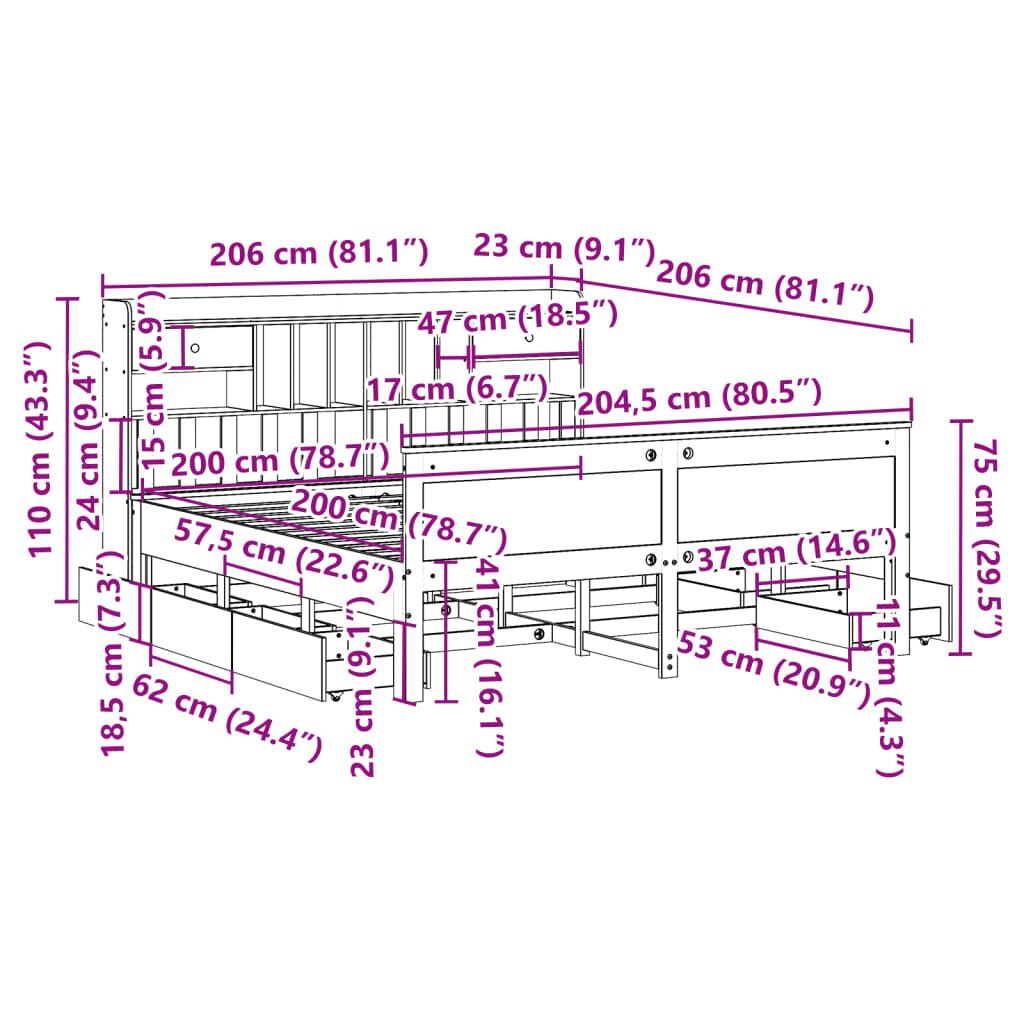 vidaXL Κρεβάτι Βιβλιοθήκη Χωρίς Στρώμα 90x190 εκ Μασίφ Ξύλο Πεύκου