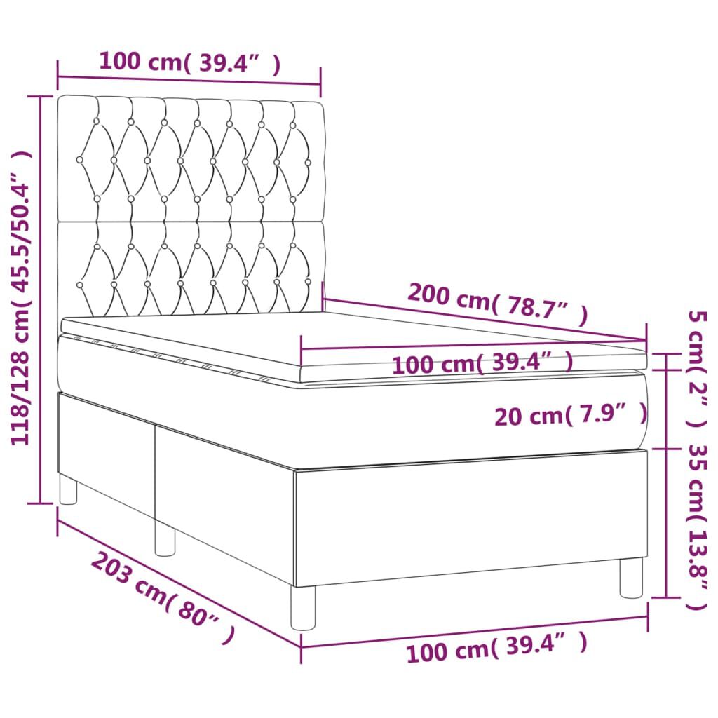 vidaXL Κρεβάτι Boxspring με Στρώμα & LED Αν.Γκρι 100x200εκ. Υφασμάτινο