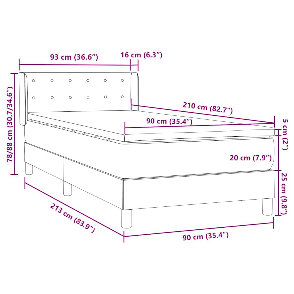 vidaXL Κρεβάτι Boxspring με Στρώμα Σκούρο Γκρι 90x210 εκ. Βελούδινο