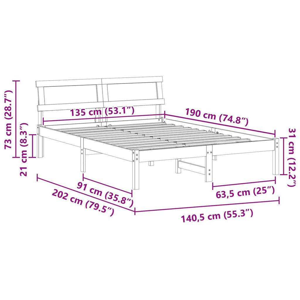 vidaXL Σκελετός Κρεβατιού Λευκό 135 x 190 cm Συμπαγές ξύλο πεύκου