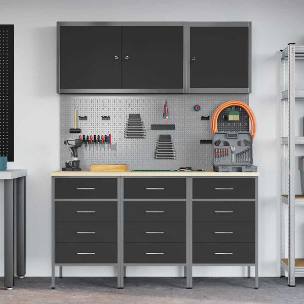 vidaXL Πάγκος εργασίας με συρτάρι 8 pcs Μαύρο 150 x 55 x 200 εκ Ατσάλι