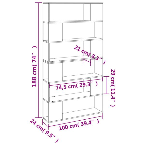 vidaXL Βιβλιοθήκη/Διαχωριστικό Χώρου Γκρι Sonoma 100 x 24 x 188 εκ.