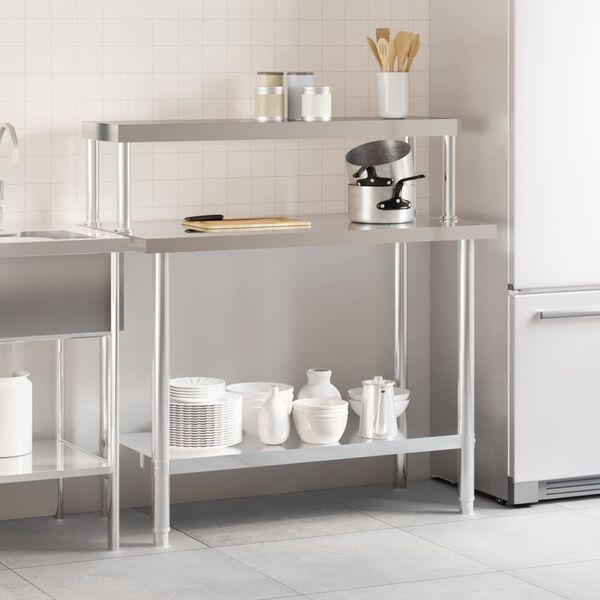 vidaXL Πάγκος Εργασίας Κουζίνας με Ράφι 110x55x120 εκ. Ανοξείδ. Ατσάλι