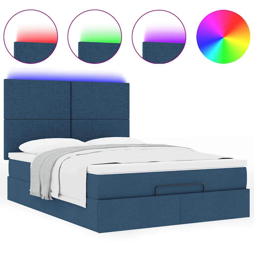vidaXL Οθωμανικό κρεβάτι με στρώμα & LEDs Μπλε 140x190cm Ύφασμα