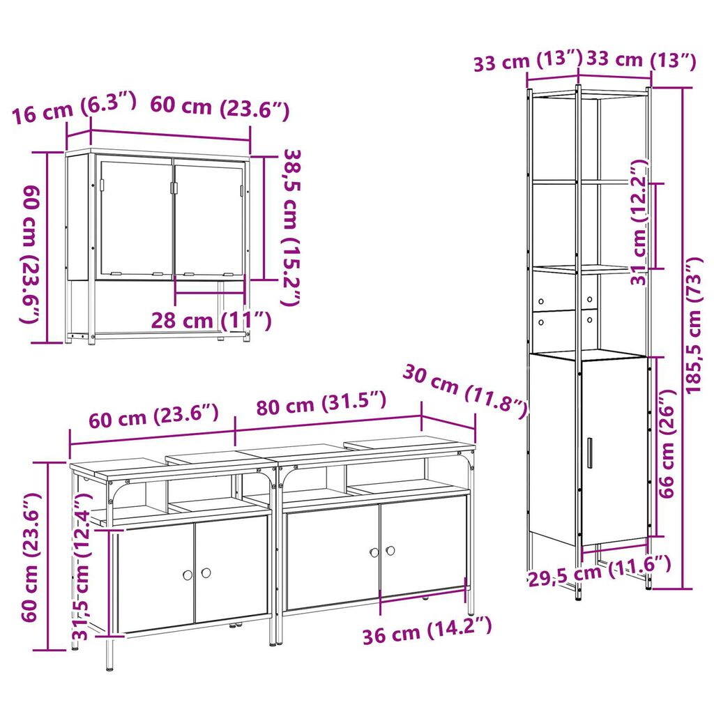 vidaXL Σετ Επίπλων Μπάνιου με ράφι 4 pcs Μαύρη δρυς 33 x 33 x 185.5 εκ