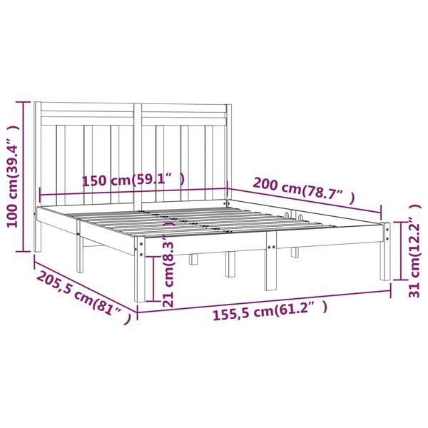vidaXL Πλαίσιο Κρεβατιού Λευκό 150 x 200 εκ. Μασίφ Ξύλο King Size