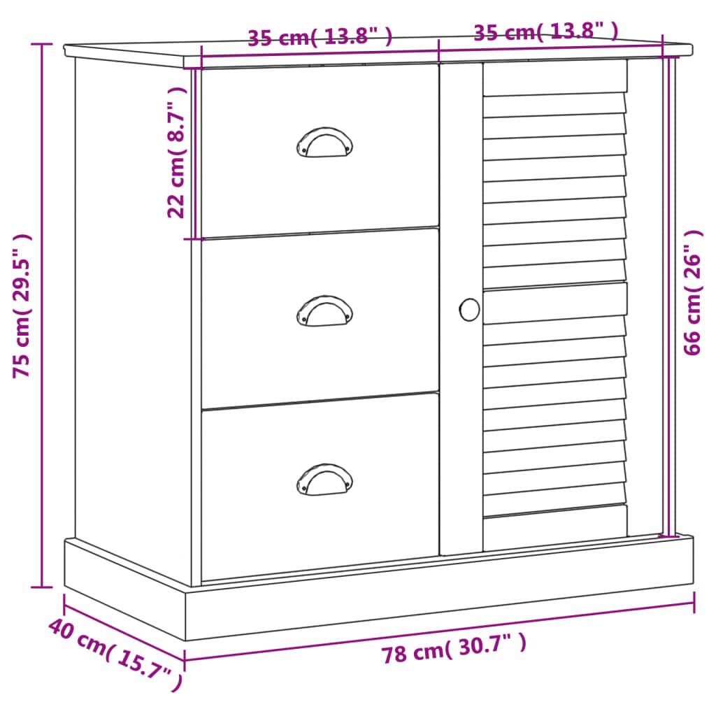 vidaXL Ντουλάπι με Συρτάρια VIGO Λευκό 78x40x75 εκ. Μασίφ Ξύλο Πεύκου