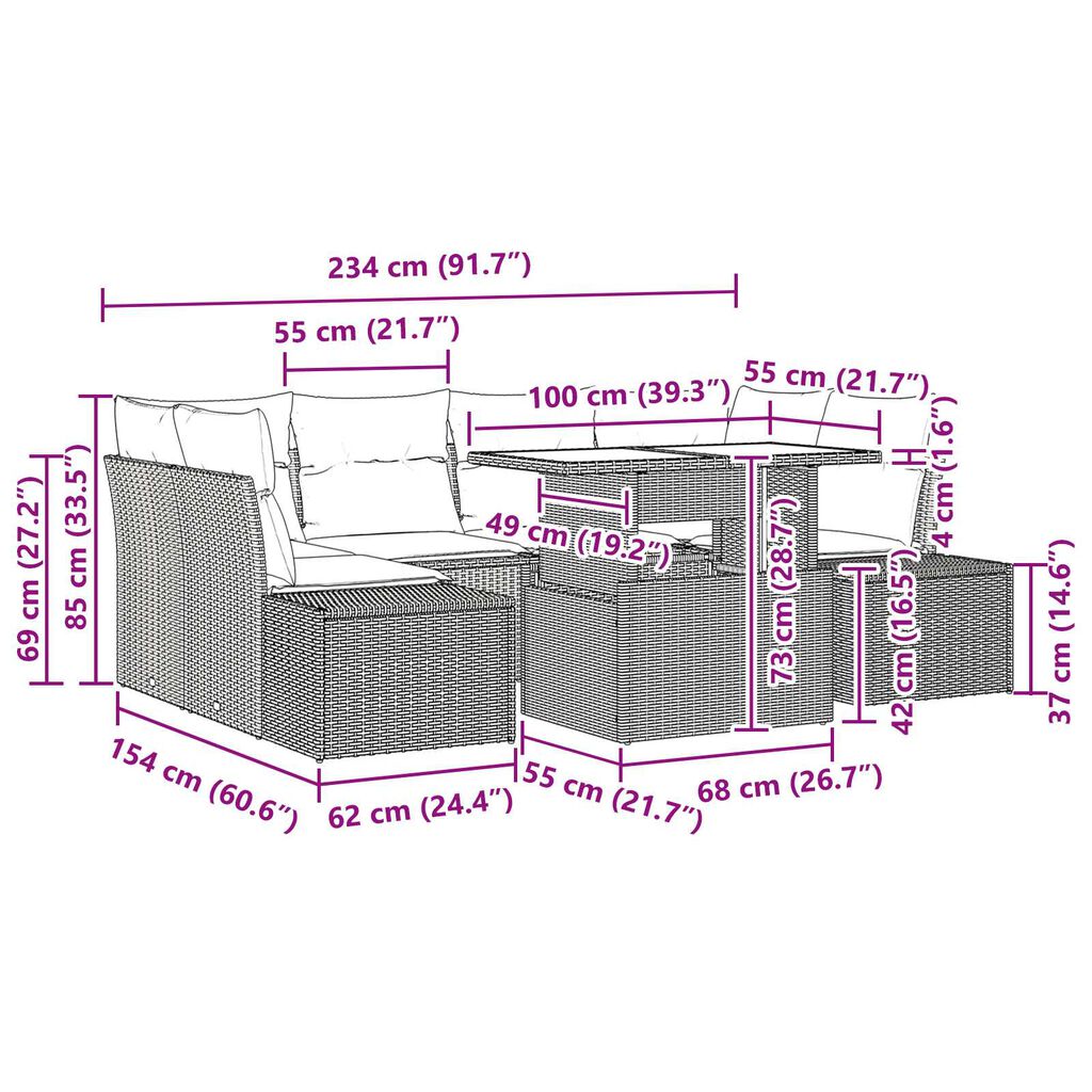 vidaXL Σετ Καναπέ Κήπου με μαξιλάρι 7 pcs Γκρι 100 x 55 x 73 εκ