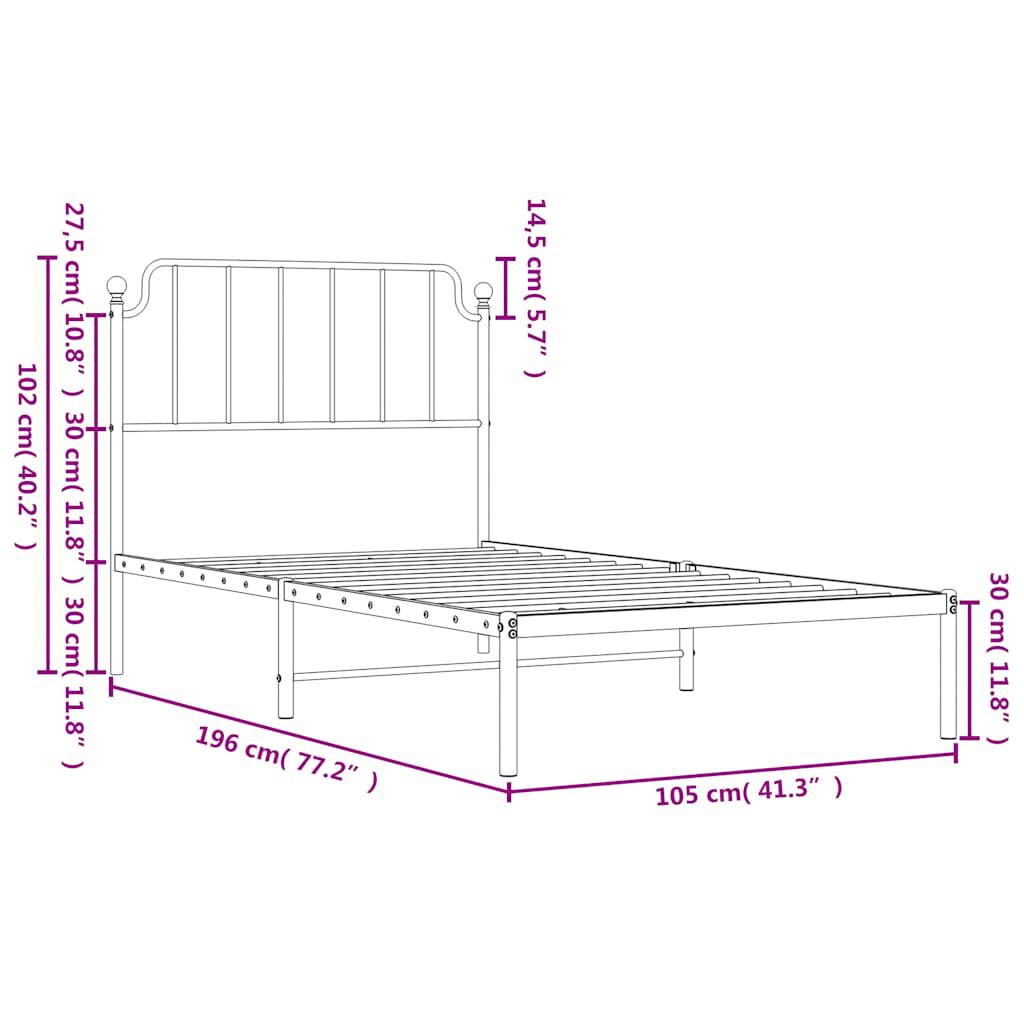 vidaXL Πλαίσιο Κρεβατιού με Κεφαλάρι Μαύρο 100 x 190 εκ. Μεταλλικό