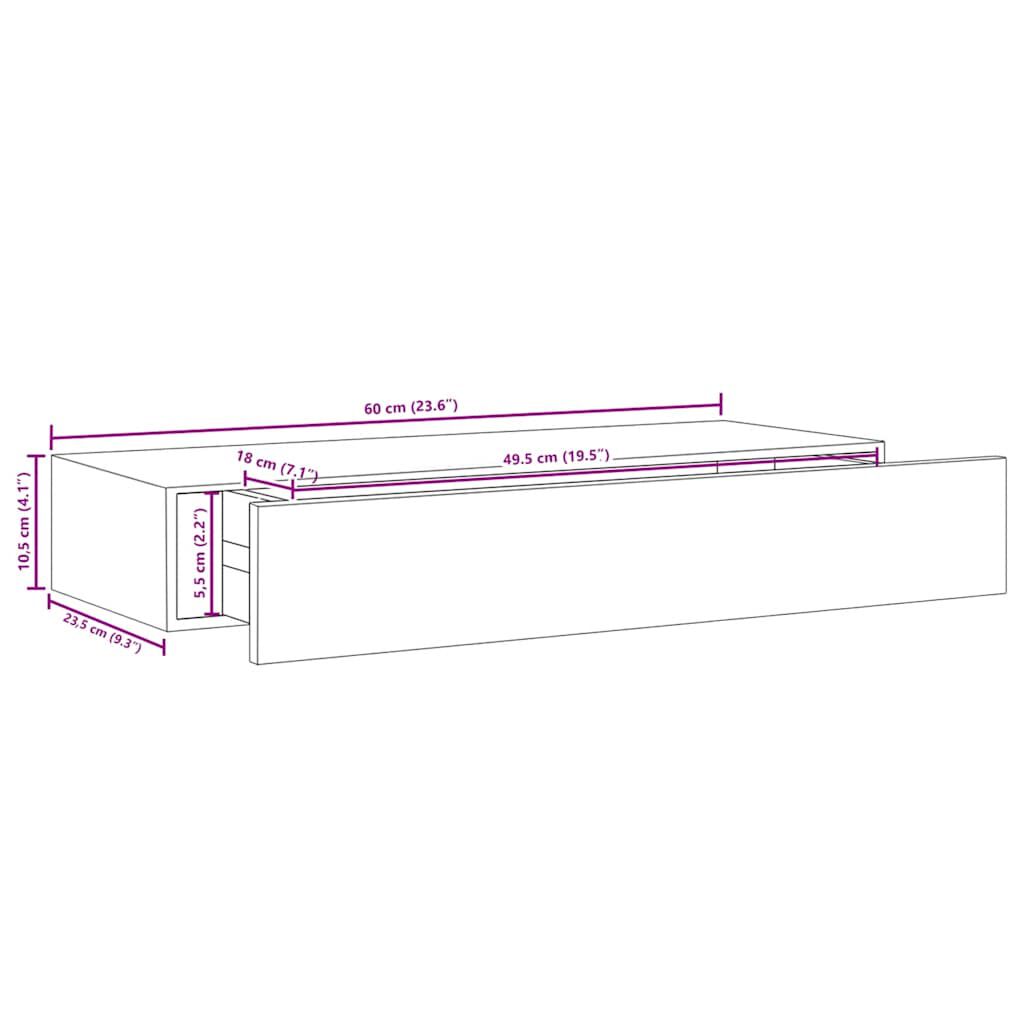 vidaXL Ράφι Επιτοίχιο με Συρτάρι Μαύρο 60 x 23,5 x 10 εκ. από MDF