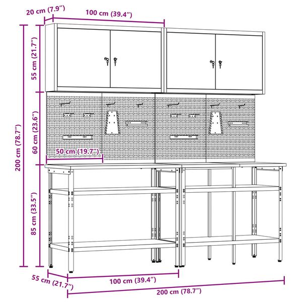 vidaXL Σετ πάγκου εργασίας με ράφι 8 pcs Γκρι 200 x 55 x 200 εκ Ατσάλι