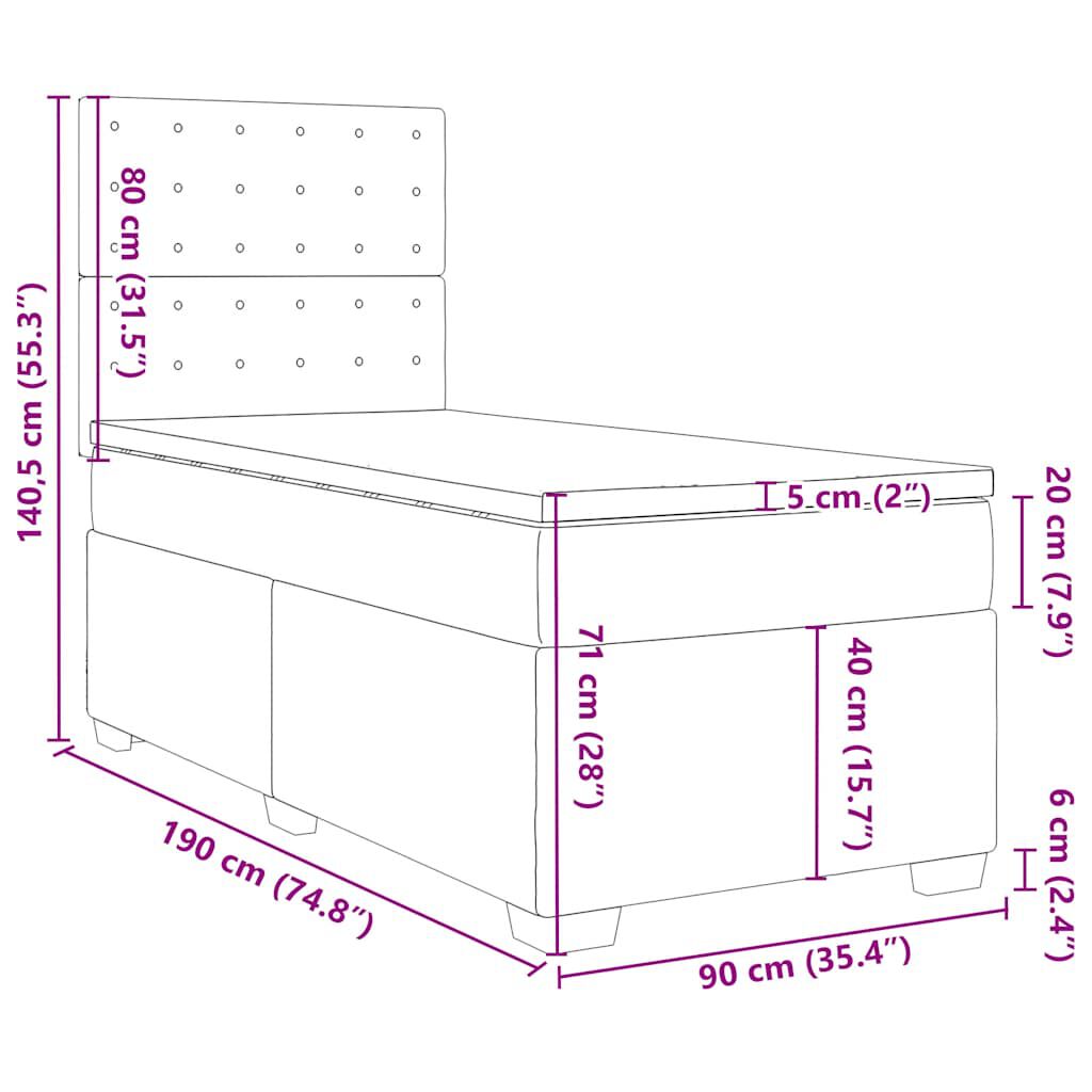 vidaXL Κρεβάτι Boxspring με Στρώμα Ανοιχτό Γκρι 90x190 εκ. Βελούδινο