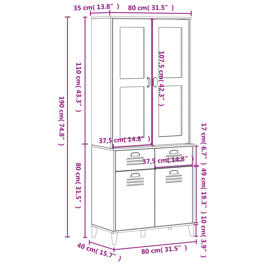 vidaXL Ντουλάπι Ψηλό VIKEN Μαύρος 80x40x190 εκ. από Μασίφ Ξύλο Πεύκου
