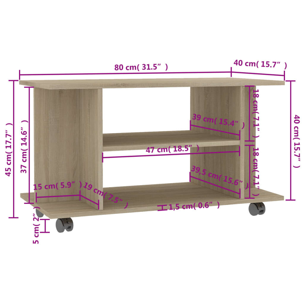 vidaXL Έπιπλο Τηλεόρασης με Ρόδες Sonoma Δρυς 80x40x45 εκ. Επεξ. Ξύλο
