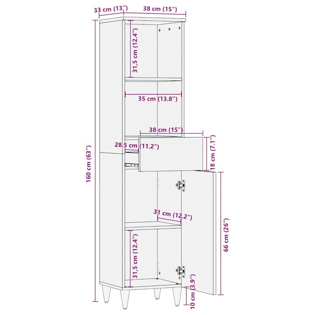 vidaXL Ντουλάπι Μπάνιου 38 x 33 x 160 εκ. από Μασίφ Ξύλο Μάνγκο