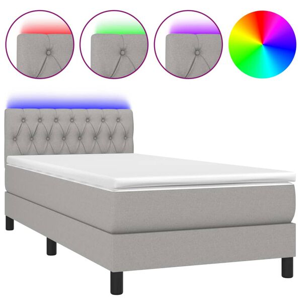 vidaXL Κρεβάτι Boxspring με Στρώμα & LED Αν.Γκρι 90x190 εκ. Υφασμάτινο