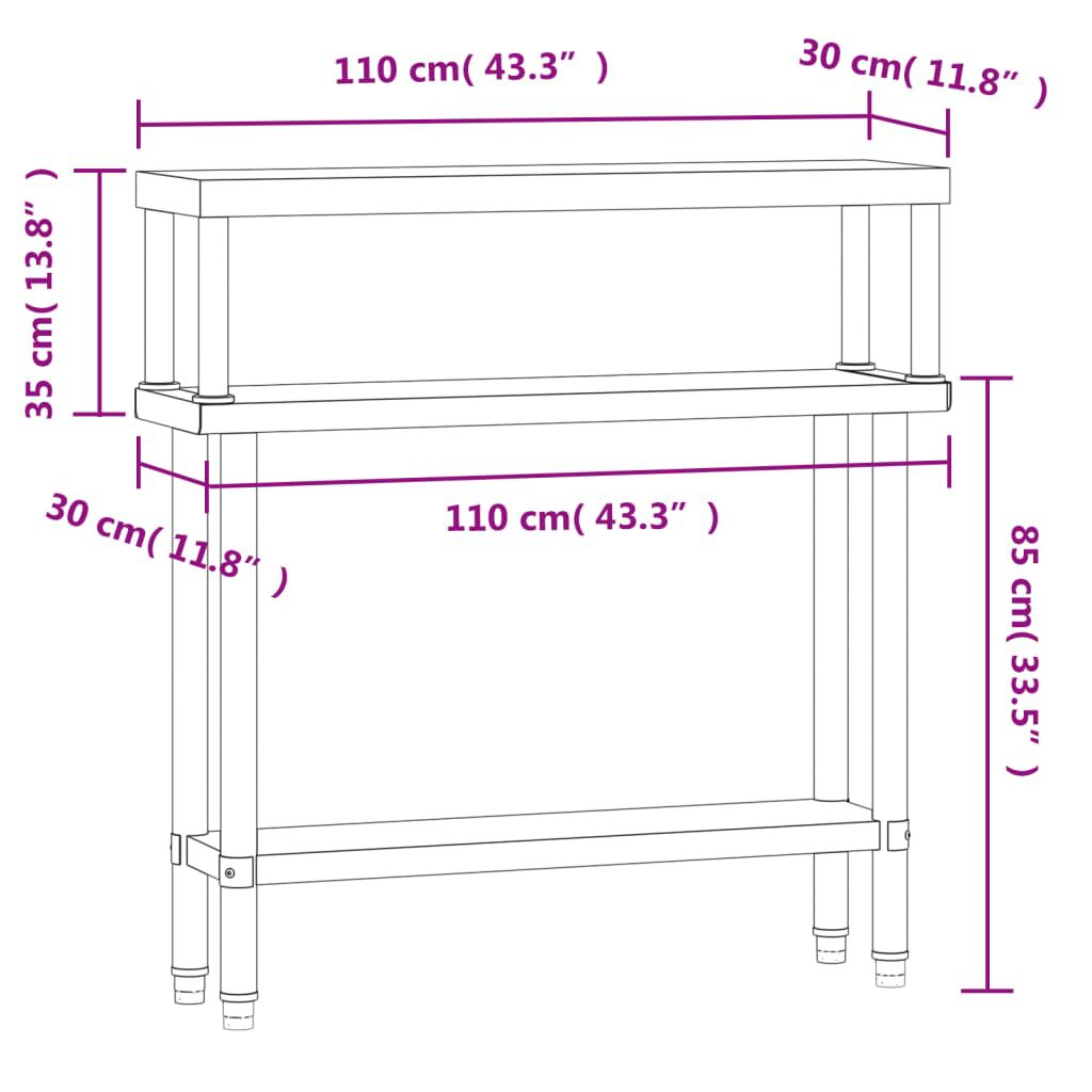 vidaXL Πάγκος Εργασίας Κουζίνας με Ράφι 110x30x120 εκ. Ανοξείδ. Ατσάλι