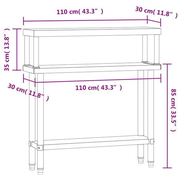 vidaXL Πάγκος Εργασίας Κουζίνας με Ράφι 110x30x120 εκ. Ανοξείδ. Ατσάλι