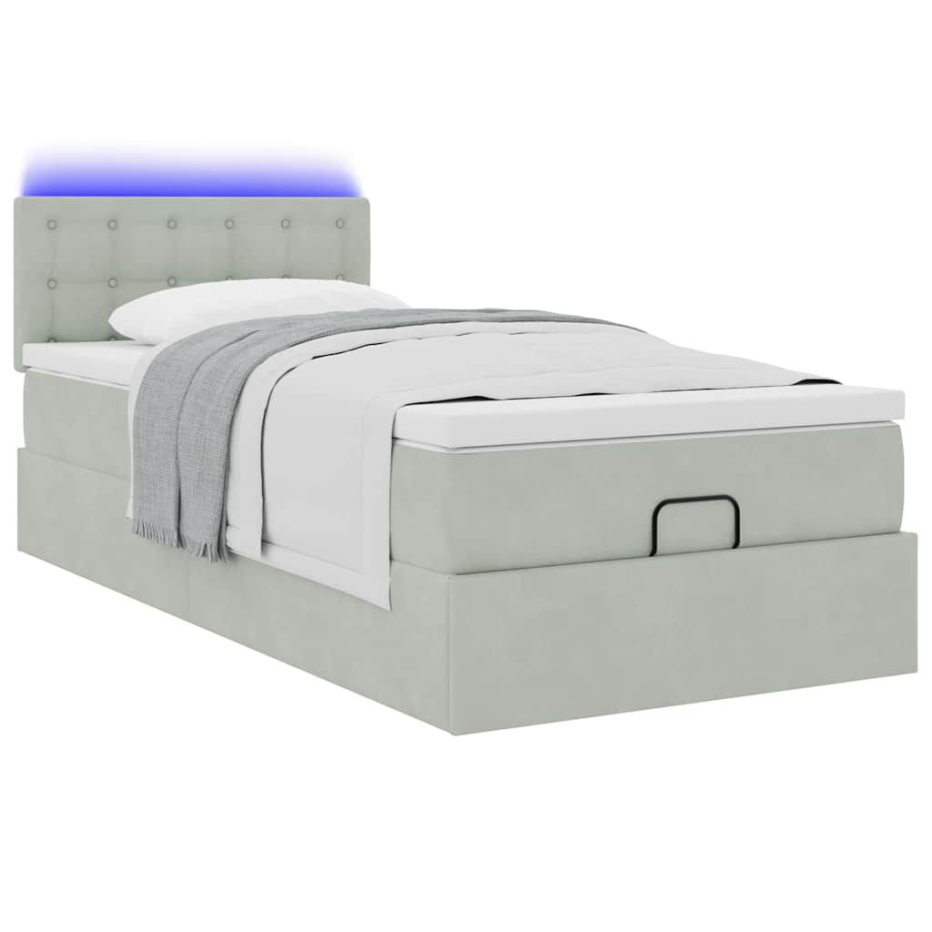 vidaXL Οθωμανικό κρεβάτι με στρώμα&LEDs Ανοιχτό γκρι 90x190cm Βελούδο