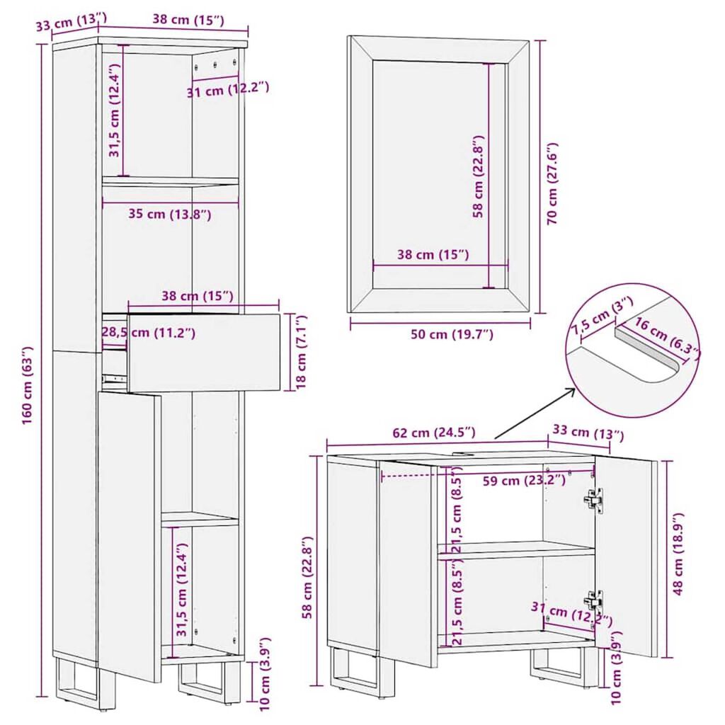 vidaXL Σετ Επίπλων Μπάνιου με συρτάρι 3 pcs Καφέ 38 x 33 x 160 εκ.