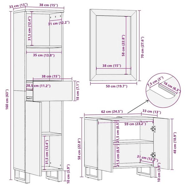 vidaXL Σετ Επίπλων Μπάνιου με συρτάρι 3 pcs Καφέ 38 x 33 x 160 εκ.