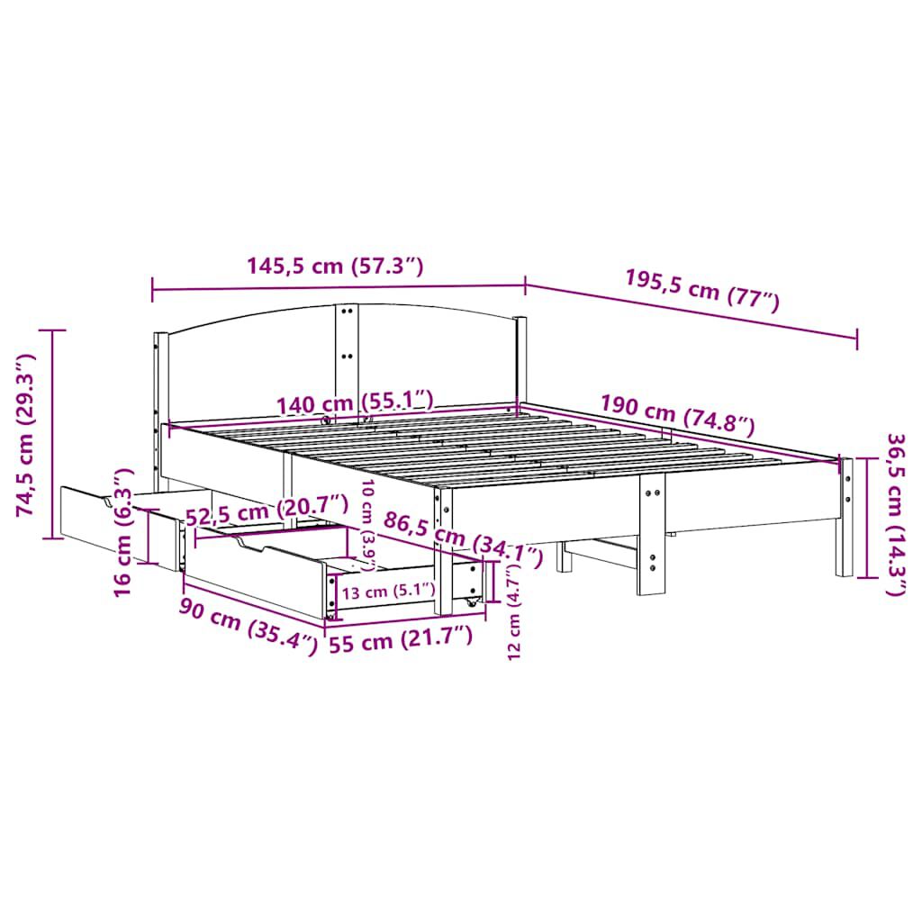 vidaXL Σκελετός Κρεβατιού Χωρίς Στρώμα Καφέ 140x190 Μασίφ Ξύλο Πεύκου