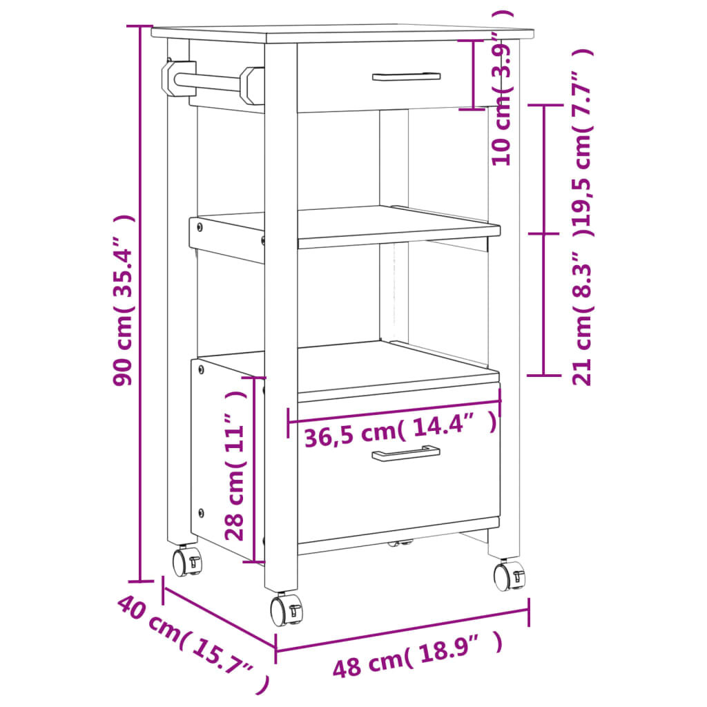 vidaXL Τρόλεϊ Κουζίνας MONZA 48x40x90 εκ. από Μασίφ Ξύλο Πεύκου