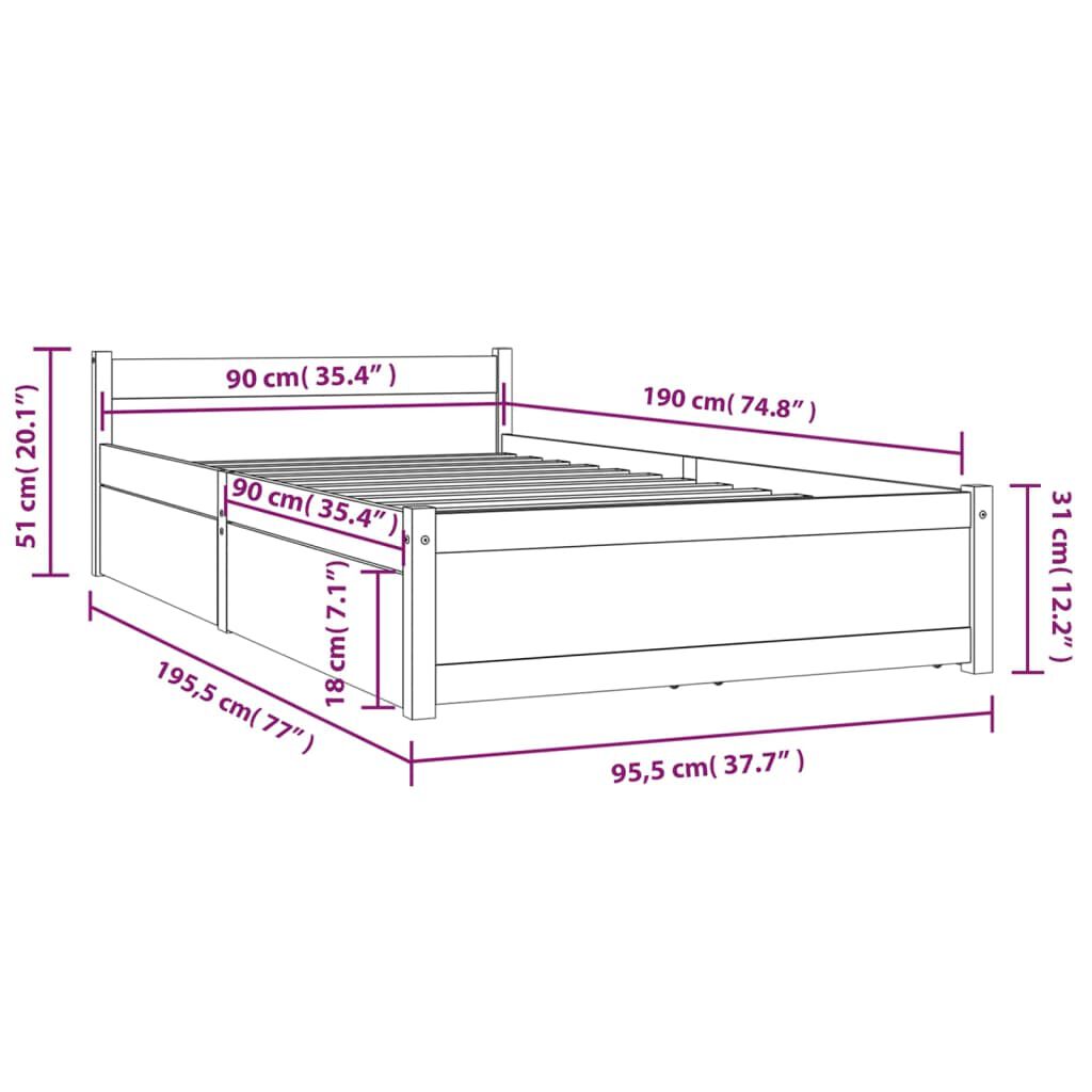 vidaXL Πλαίσιο Κρεβατιού με Συρτάρια 90 x 190 εκ Single