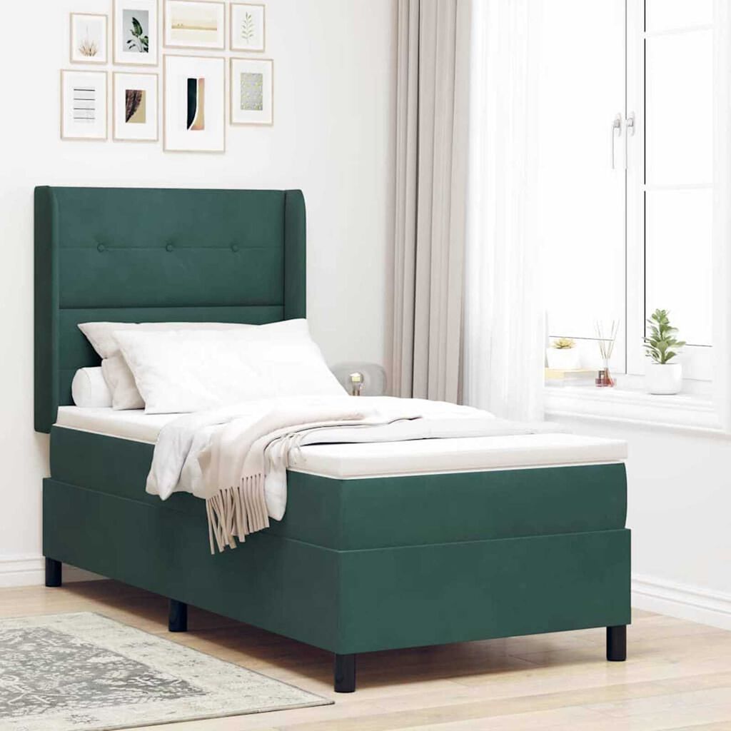 vidaXL Κρεβάτι Box Spring LED με Στρώμα Σκούρο Πράσινο 90 x 200 cm